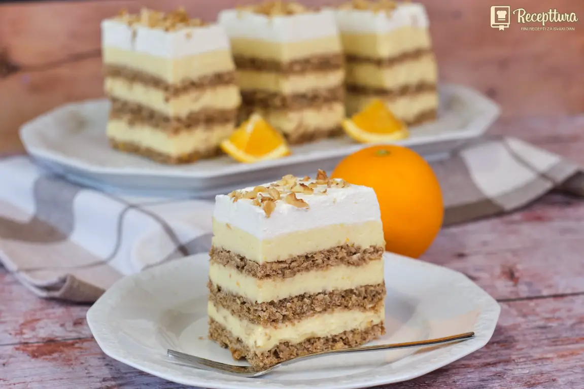 Narezani kolač s narančama i orasima - kremasta narančna krema i biskvit od oraha